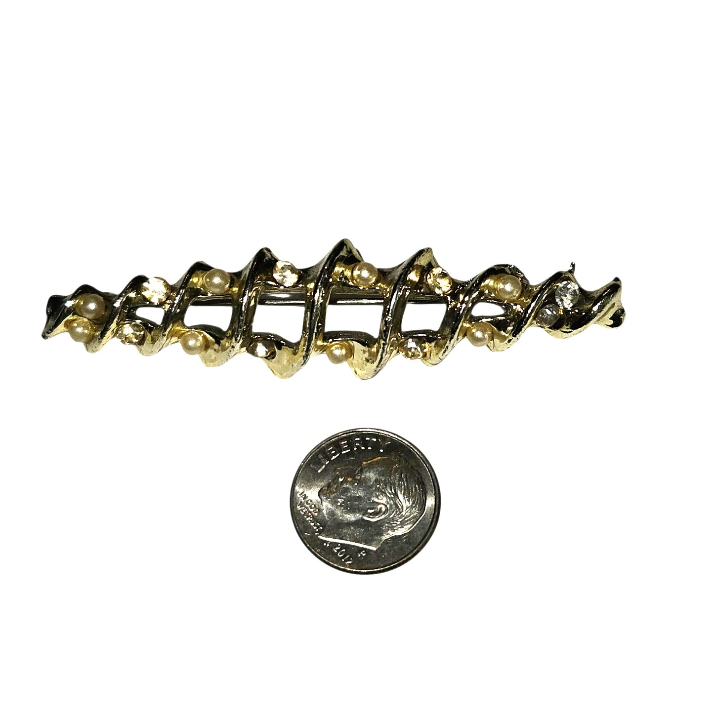 Vintage 60s Gold-Tone Bar Brooch Faux Pearls & Rhinestones