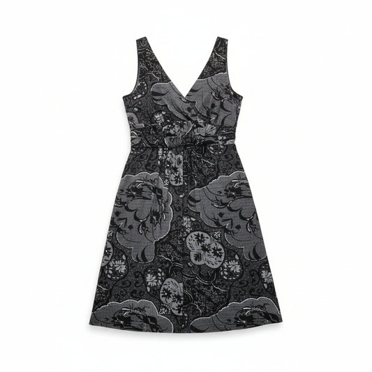 New York & Company Black & Grey Floral Midi Dress - Size XS | Casual Summer V-Neck