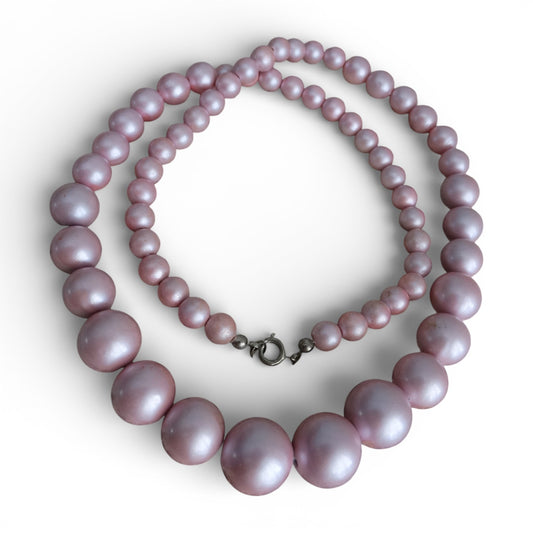 1950s–1960s Pink & Gray Faux Pearl Graduated Necklaces Mid-Century Classic