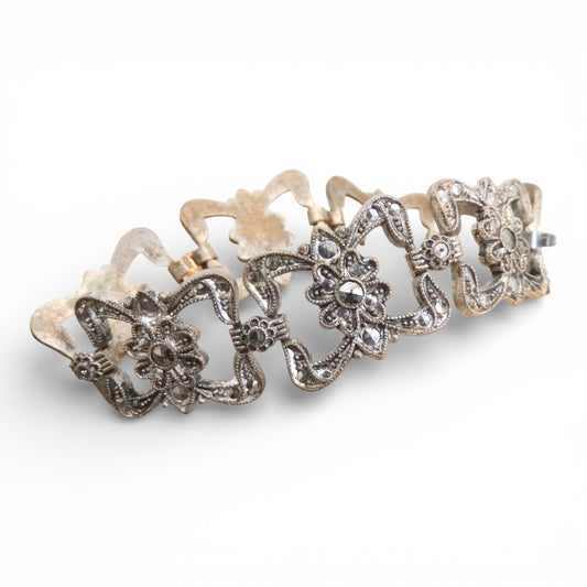 Vintage Art Deco Silver-Tone Marcasite Floral Link Bracelet