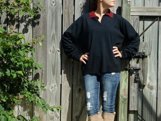 Vintage Glasgow Creation Navy Knit Sweater with Red Stripe Collar | 1960s–70s Collegiate Pullover