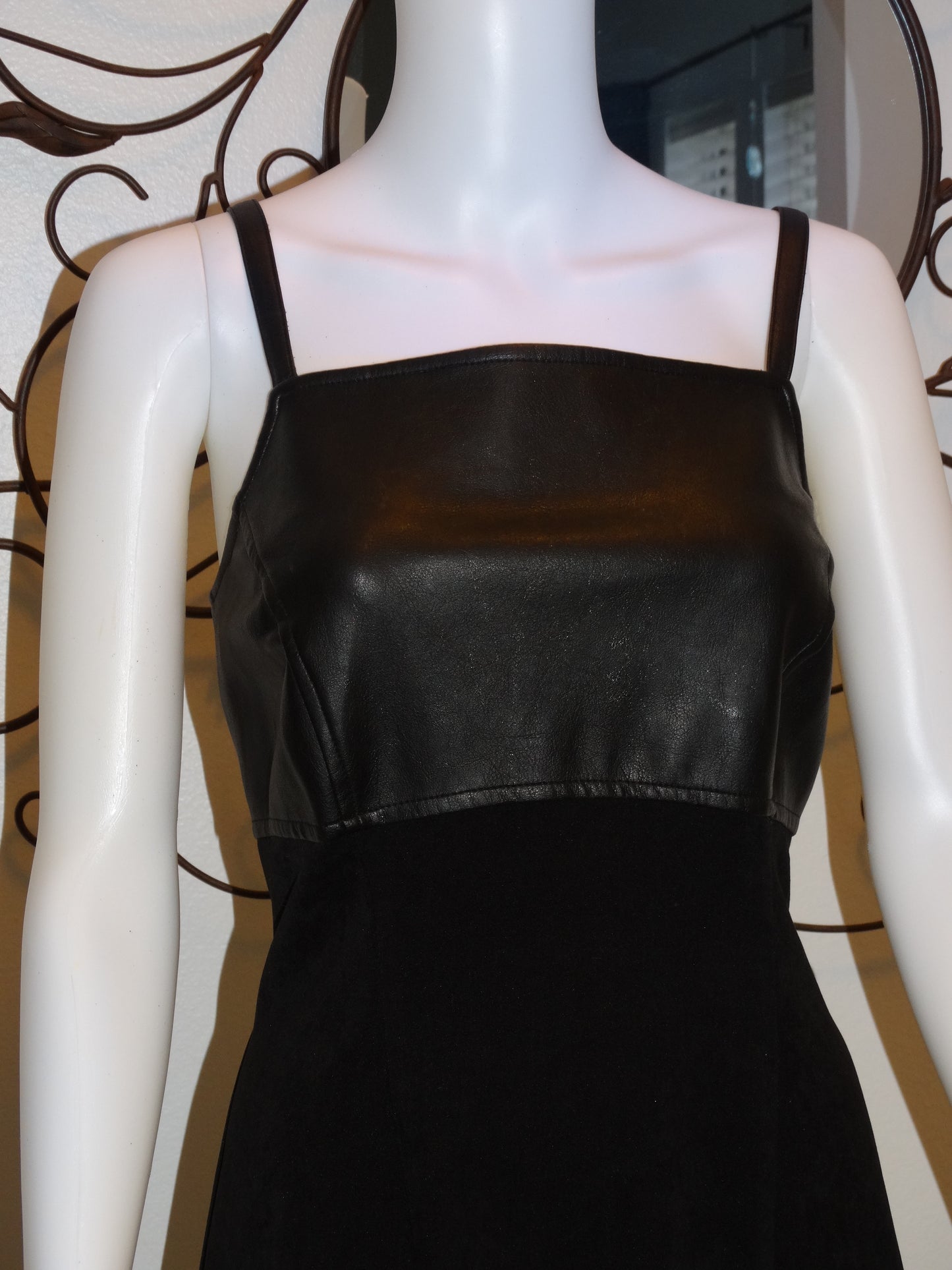 Y2K Black Vegan Leather Bodice Maxi Dress | Spaghetti Strap | 2000s Minimalist