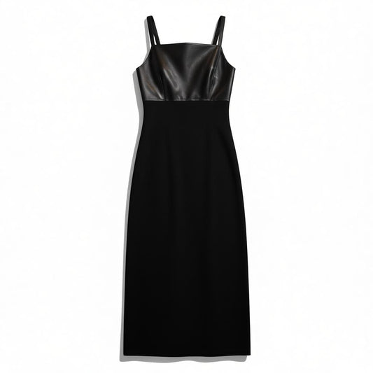 Y2K Black Vegan Leather Bodice Maxi Dress | Spaghetti Strap | 2000s Minimalist
