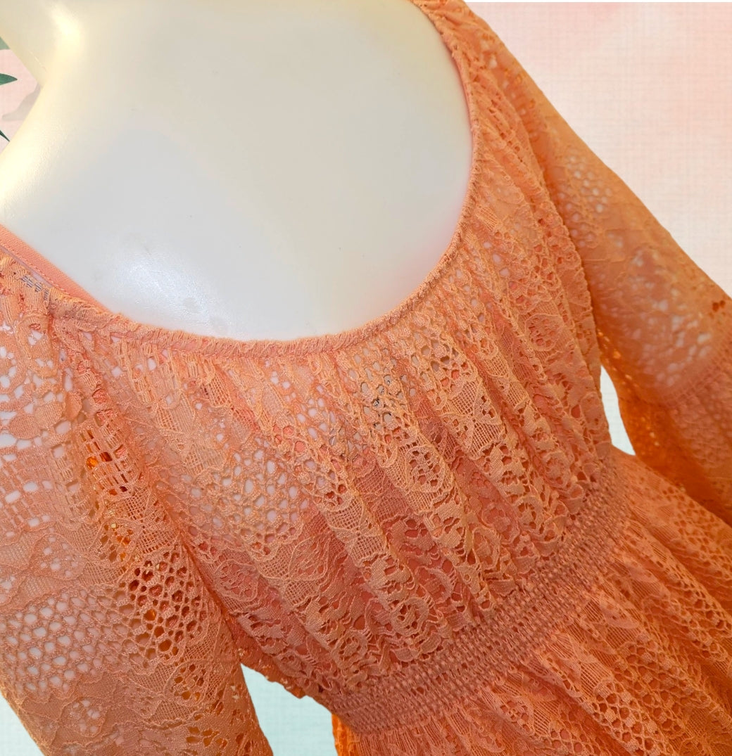 Boston Proper Peachy Pink Lace Fit & Flare Dress with Bell Sleeves – Size 6 – NWOT