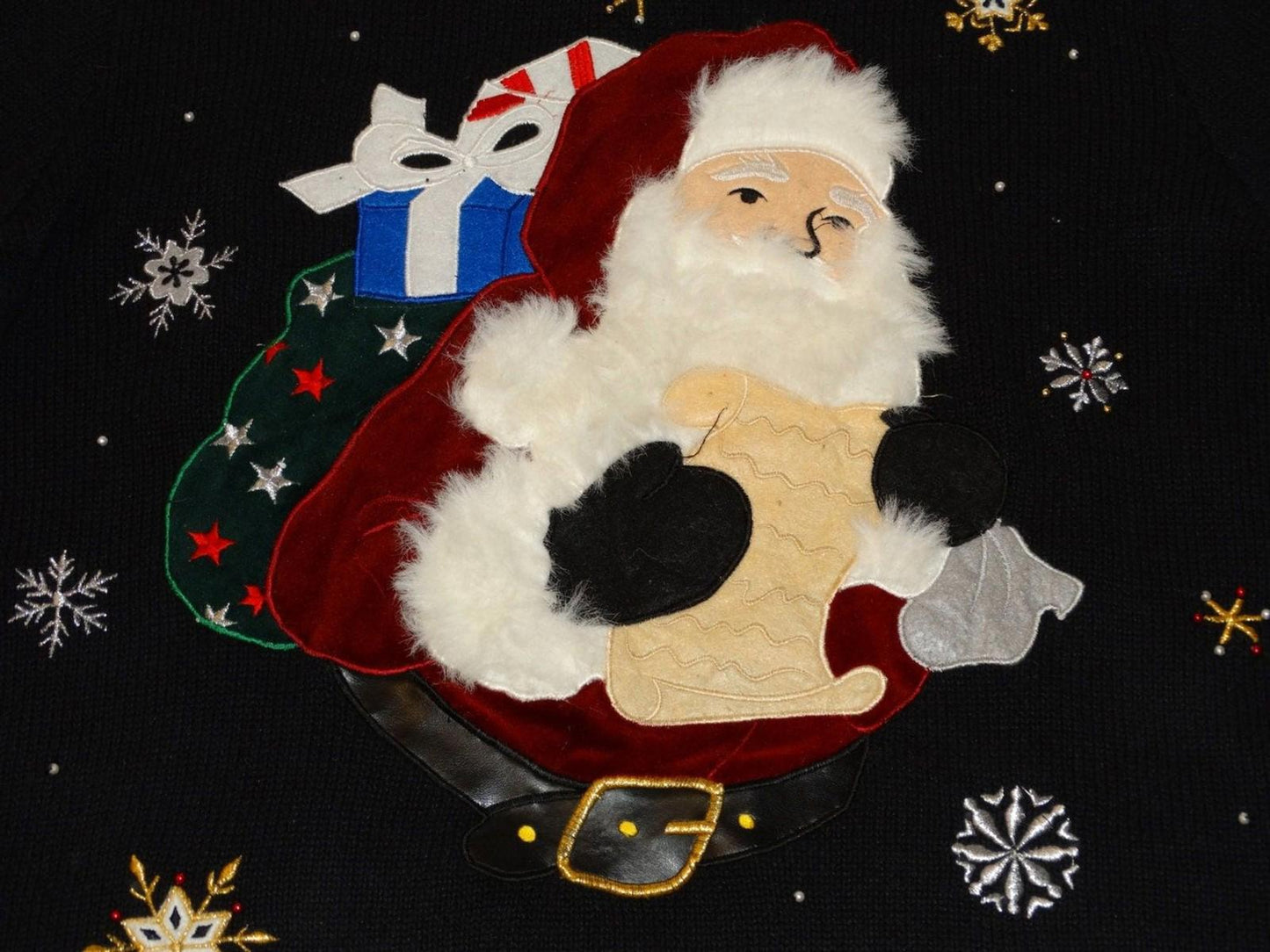 Vintage 1990s Designer Original Studio Christmas Santa Beaded Zip-Front Sweater Jumper