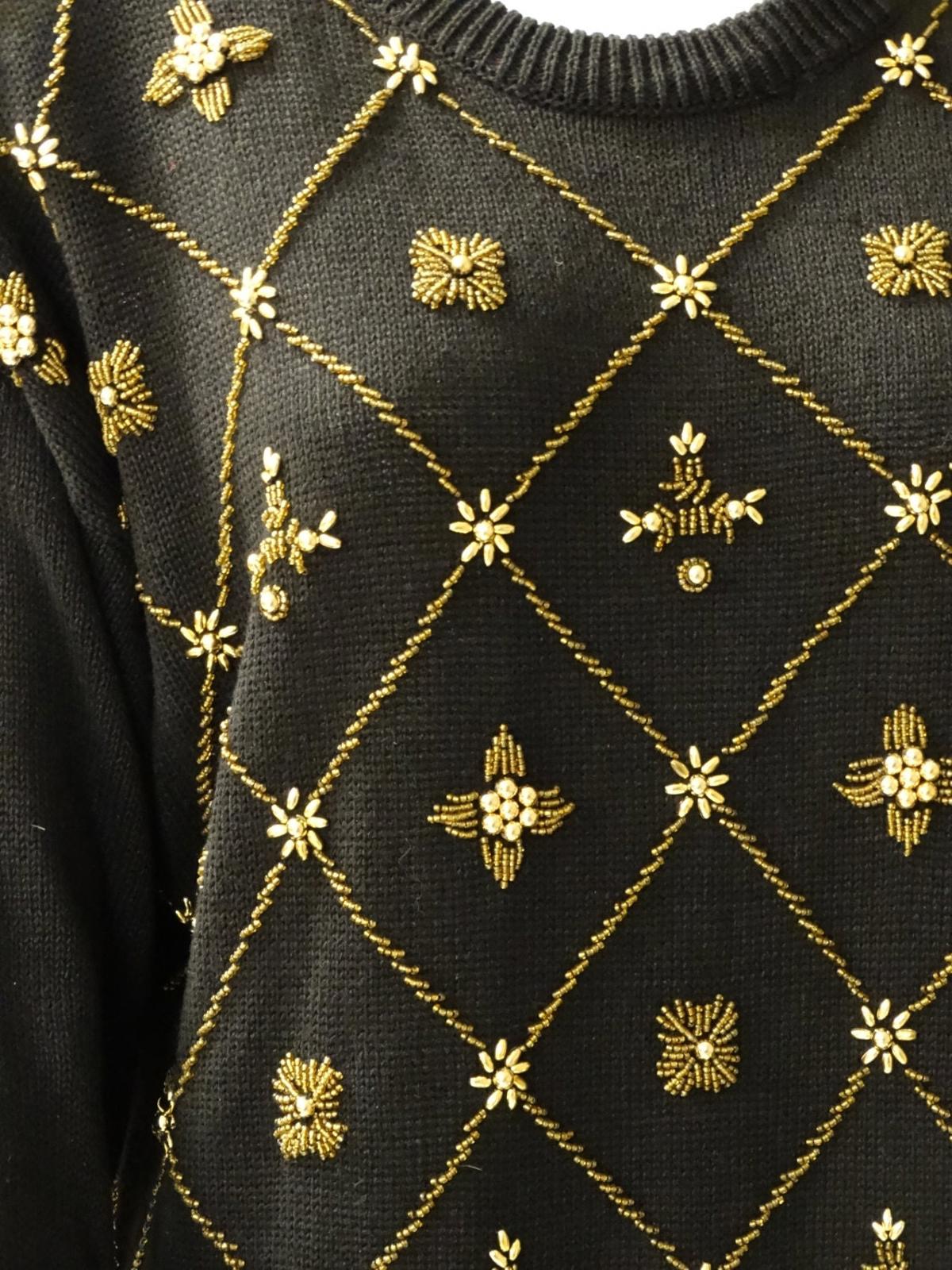 Vintage 80s Black Beaded Sweater Jumper - Size Large