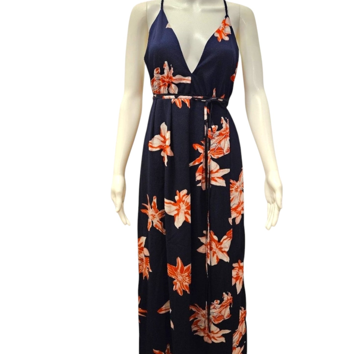 Simplee Navy Blue & Orange Floral Halter Maxi Dress – Size Large (NWT)