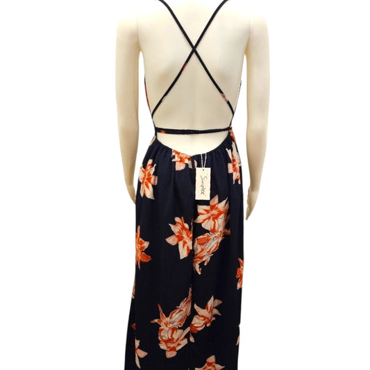 Simplee Navy Blue & Orange Floral Halter Maxi Dress – Size Large (NWT)