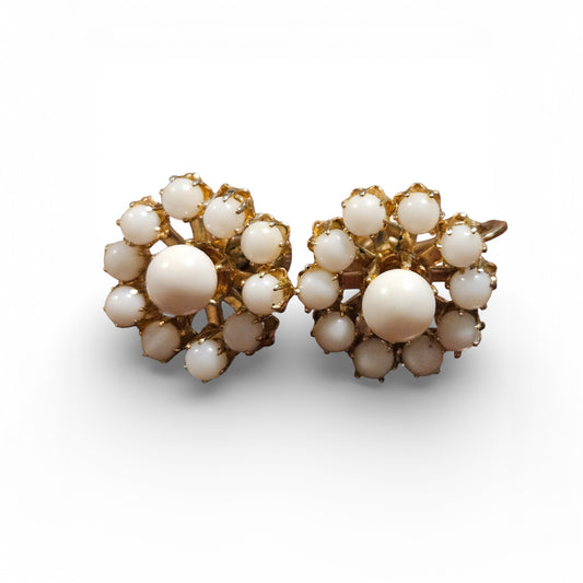 Vintage 1950s White Milk Glass Screwback Earrings Floral Snowball Cluster