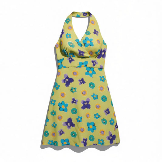 Vintage 70s Floral Halter Dress Lime Green Yellow – Size M
