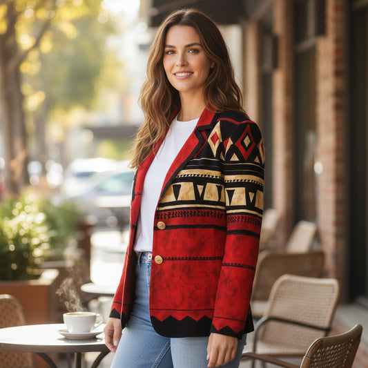 Vintage 80s 90s Nancy Bolen Southwestern Aztec Boyfriend Jacket – Red Black Geometric Blazer
