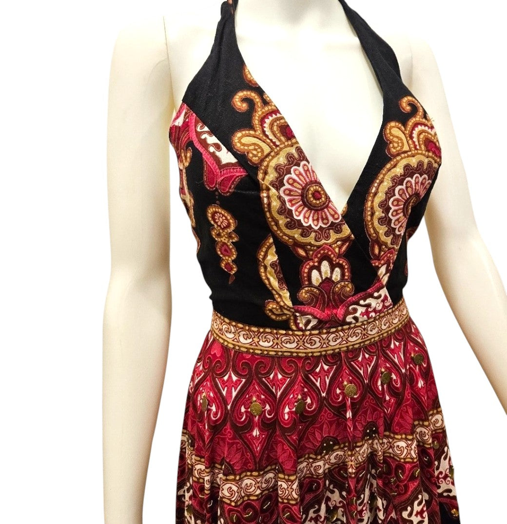 Sue Wong Vintage Halter Dress – Red Gold Ornamental Print, Boho Glam Y2K Cocktail Dress