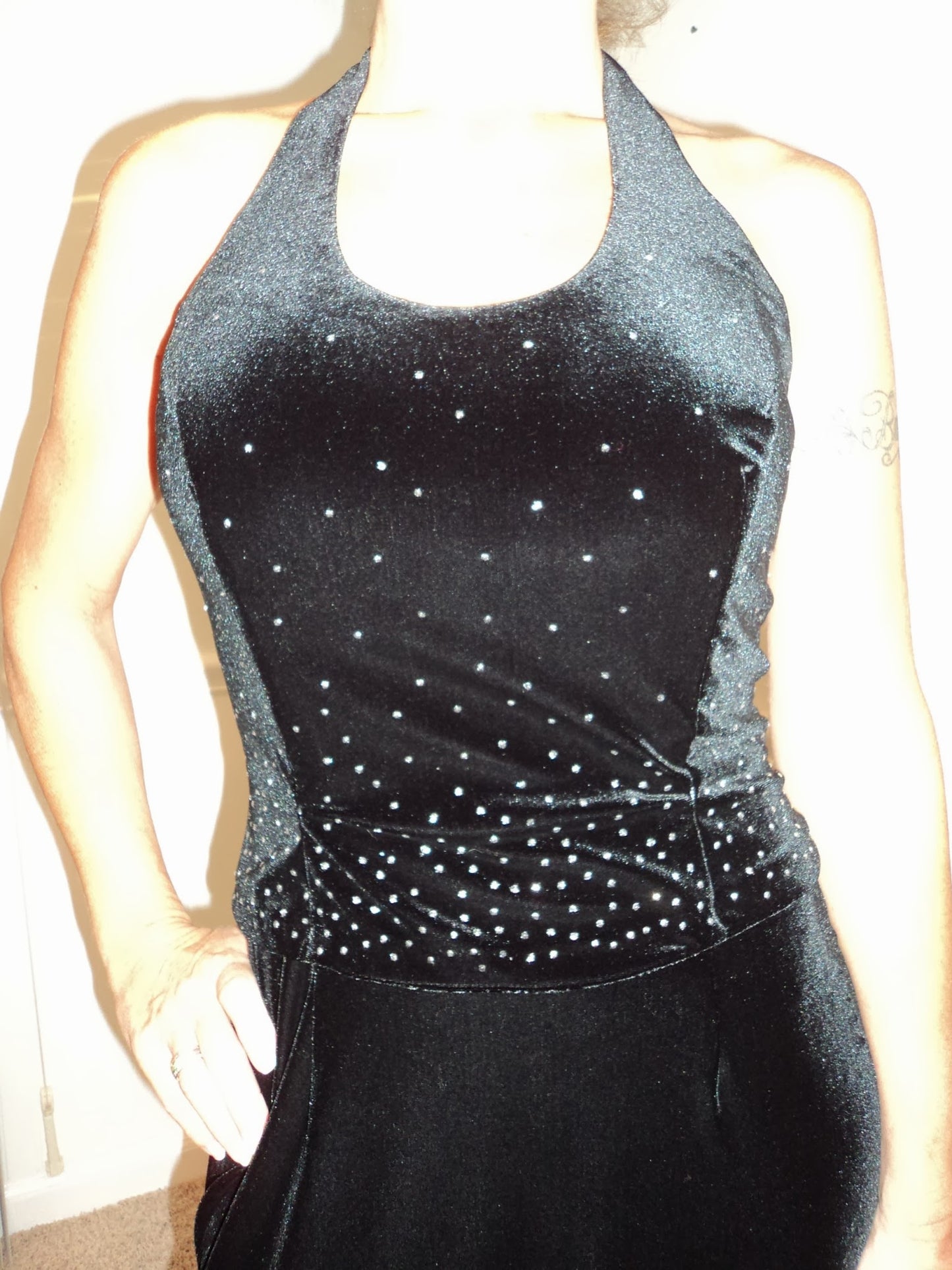 Vintage Scott McClintock Black Velvet Halter Gown Rhinestone Glam Backless – Size
