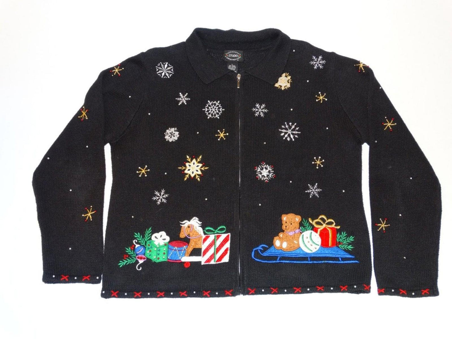 Vintage 1990s Designer Original Studio Christmas Santa Beaded Zip-Front Sweater Jumper