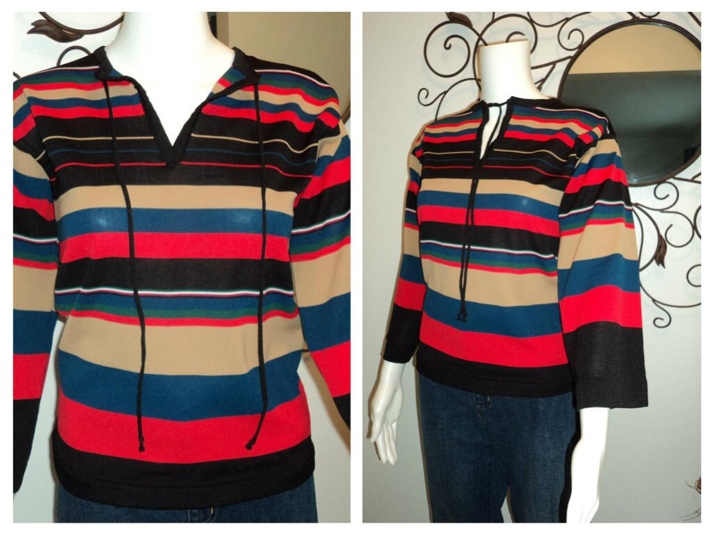 Vintage 70s Striped Bell Sleeve Top - Red, Blue, Black, Tan - Size S/M