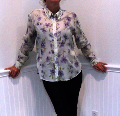 Vintage 90s Semi Sheer Floral Blouse Mint Green Lilac Pastel Small