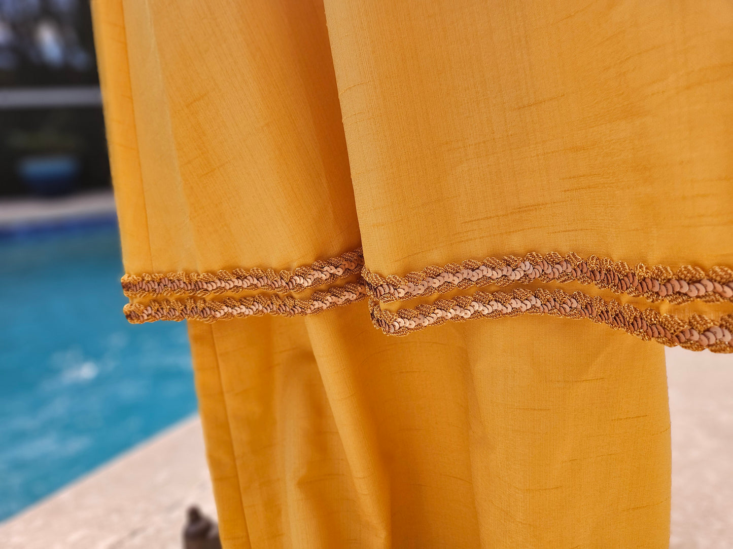 Vtg 60s Yellow Halter Maxi Dress Pleated Bodice Layered Skirt Gold Trim Gown image 3