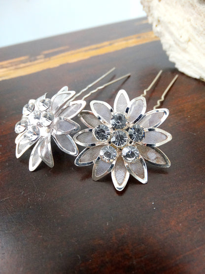 Vintage Mesh Silver Flower Hair Picks Rhinestone Crystal image 0