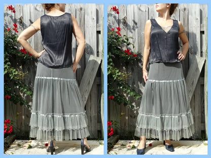 Vintage 80s Boho Tiered Lace Skirt with Silky Blouse Tank Style Top - Medium