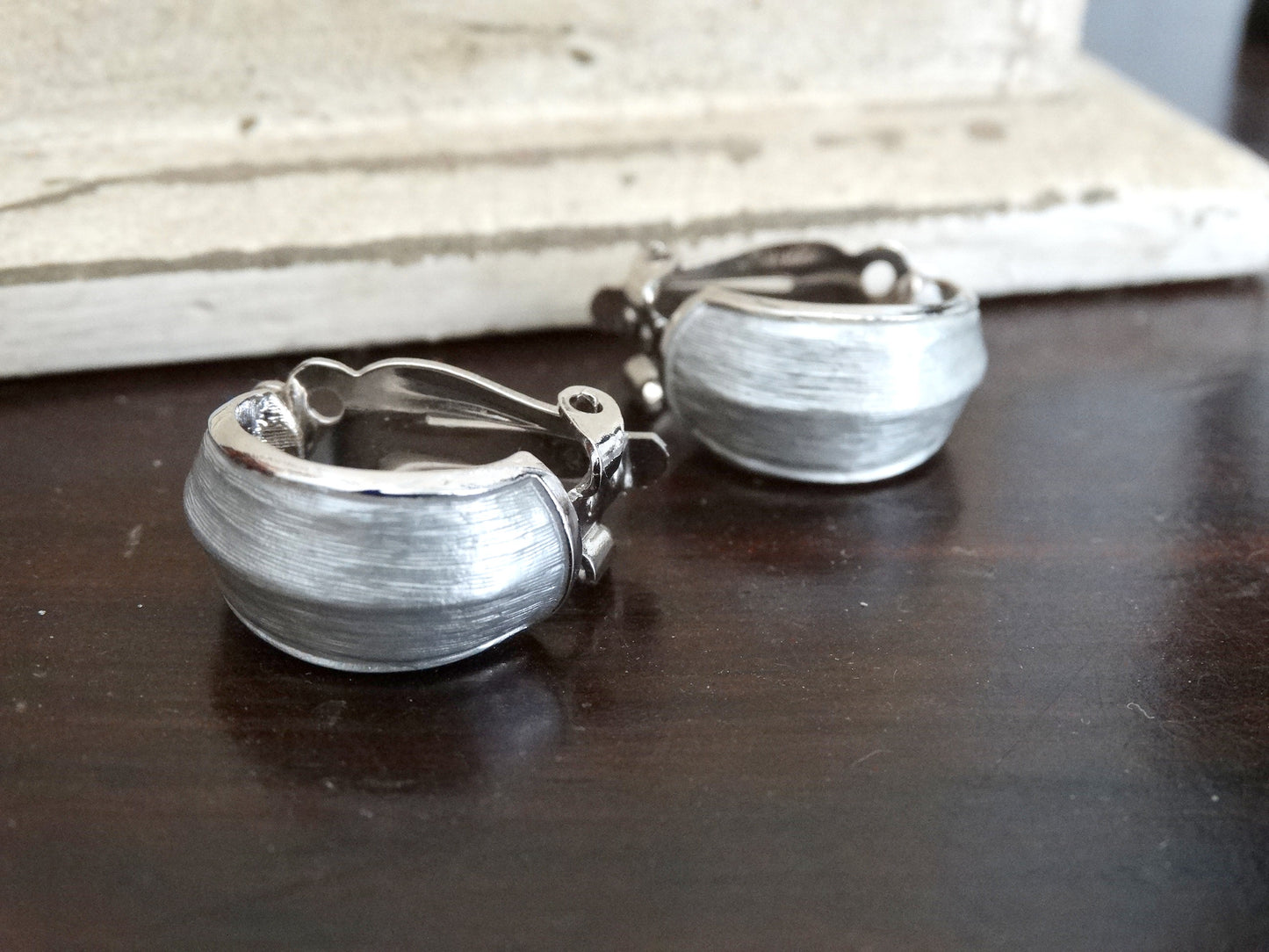Vintage Signed KRAMER of New York Brushed Silver Tone Hoop Clip Earrings image 1