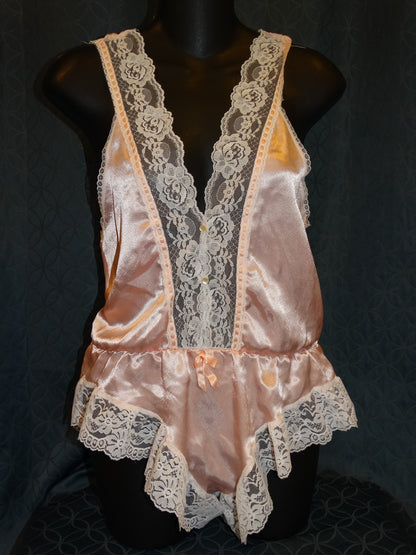 Vintage Peach Liquid Satin Teddy Lace Trim V-Neck Ruffle Legs Union Made image 0