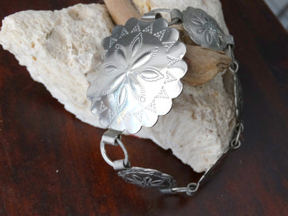 Vintage Southwest Concho Link Bracelet Silver-Tone Western Floral Design image 1