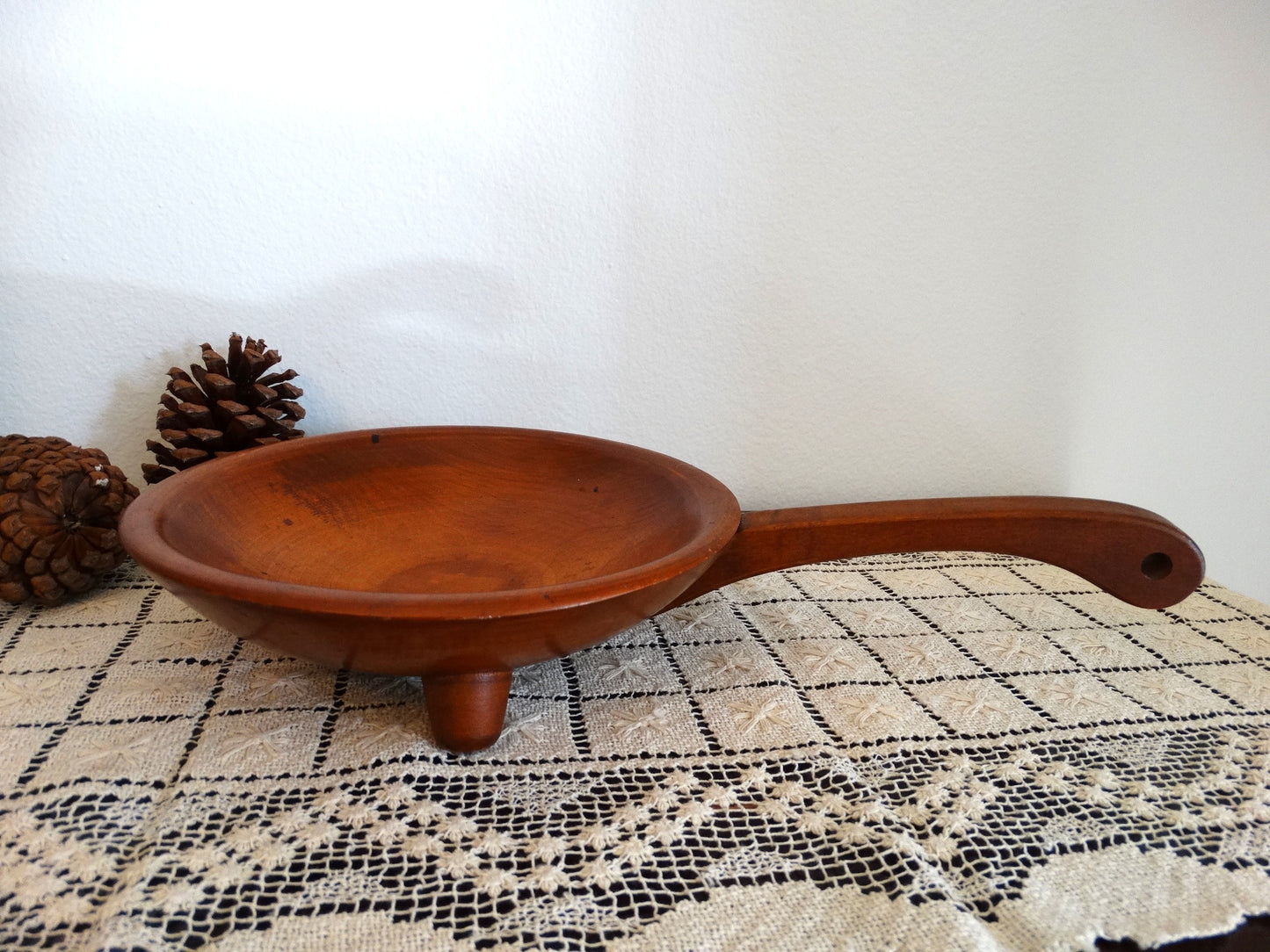 Vintage MUNISING Footed Brown Wooden Bowl w/ Handle Wood Handled Serving Dish image 0