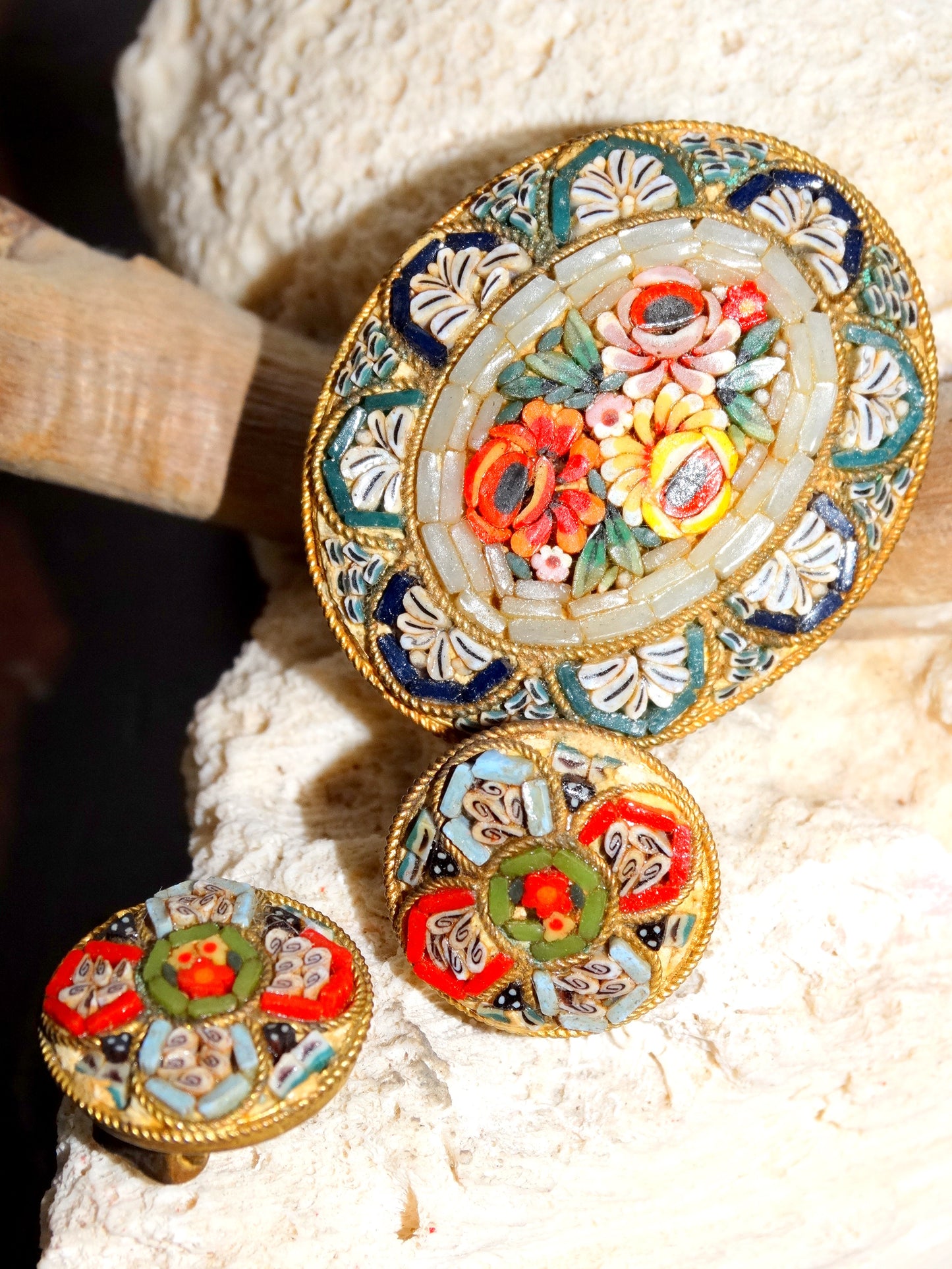Vintage Italian Micro Mosaic Floral Brooch & Earrings Set image 2