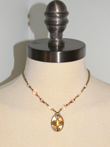 1990s 1928 Jewelry Gold-Tone Amber Cabochon Pendant Necklace Victorian Revival