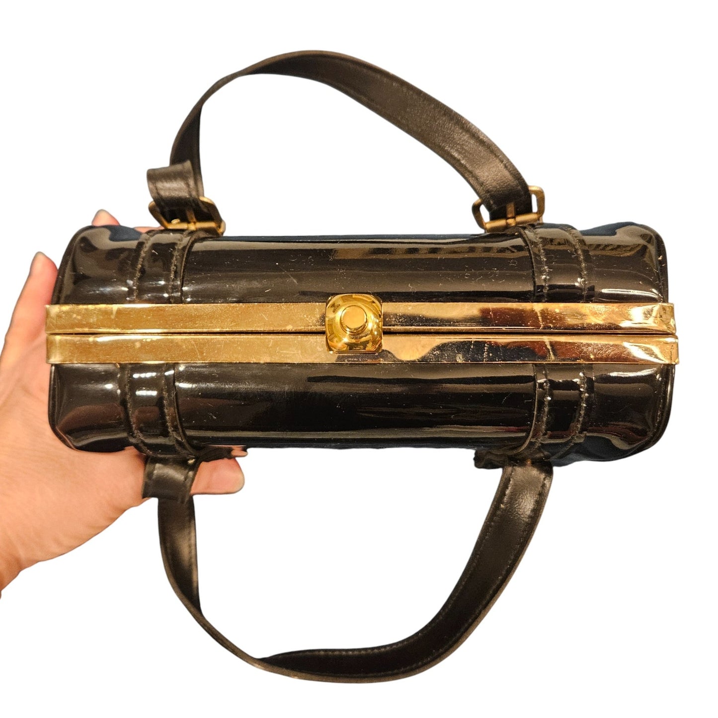 Vintage 1960s Margolin Black Patent Leather Handbag with Top Handle & Pink Interior