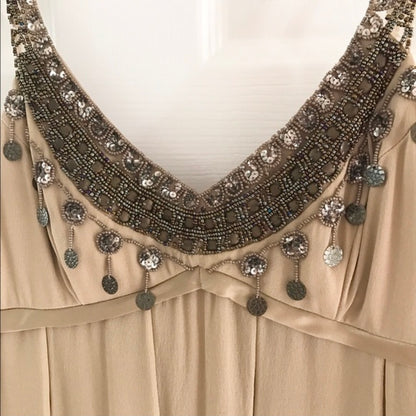Sue Wong Silk Beaded Cocktail Dress Size 6 Champagne Taupe Chiffon image 3