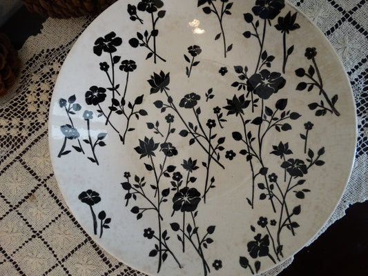 Vintage Black Floral Ceramic Serving Bowl – Crackle Glaze, Cottagecore Farmhouse image 1