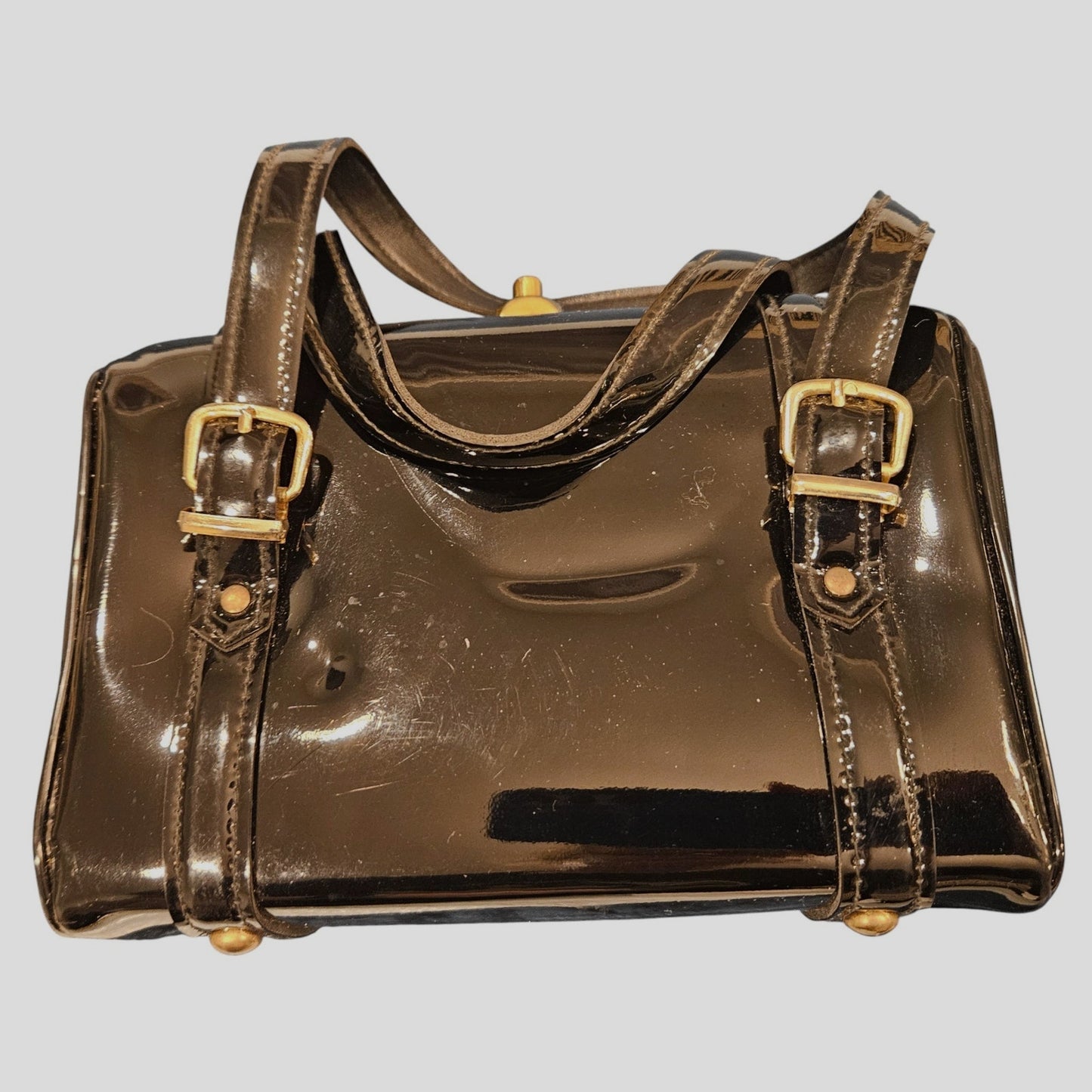 Vintage 1960s Margolin Black Patent Leather Handbag with Top Handle & Pink Interior