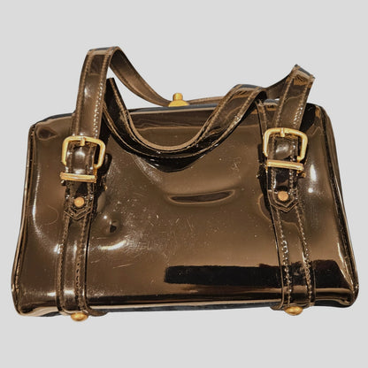 Vintage 1960s Margolin Black Patent Leather Handbag with Top Handle & Pink Interior