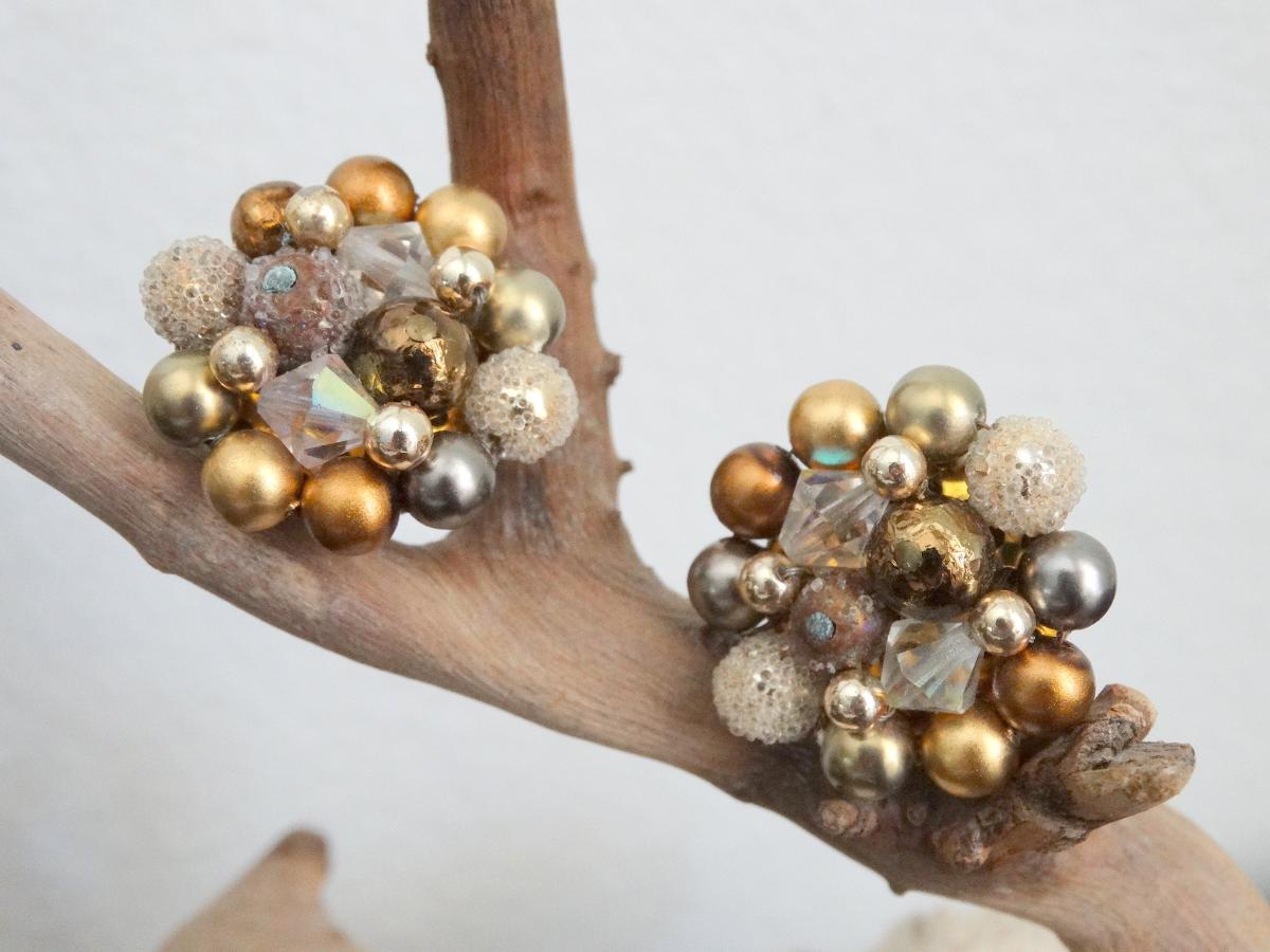 Vintage Beaded Cluster Clip-On Earrings Gold, Bronze & Silver Aurora Borealis image 0