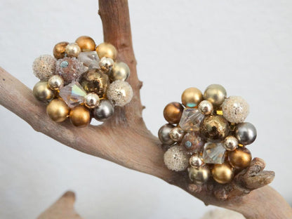 Vintage Beaded Cluster Clip-On Earrings Gold, Bronze & Silver Aurora Borealis image 0