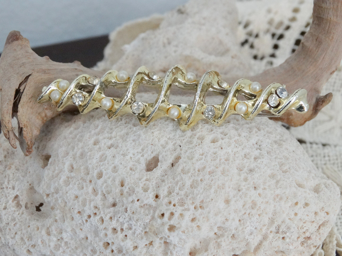 Vintage 60s Gold-Tone Bar Brooch Faux Pearls & Rhinestones image 0