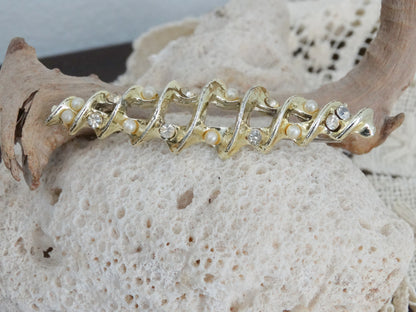 Vintage 60s Gold-Tone Bar Brooch Faux Pearls & Rhinestones image 0