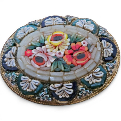 Vintage 1940 - 60s Italian Micro Mosaic Glass Brooch & Clip-On Earrings Set Floral Grand Tour Jewelry