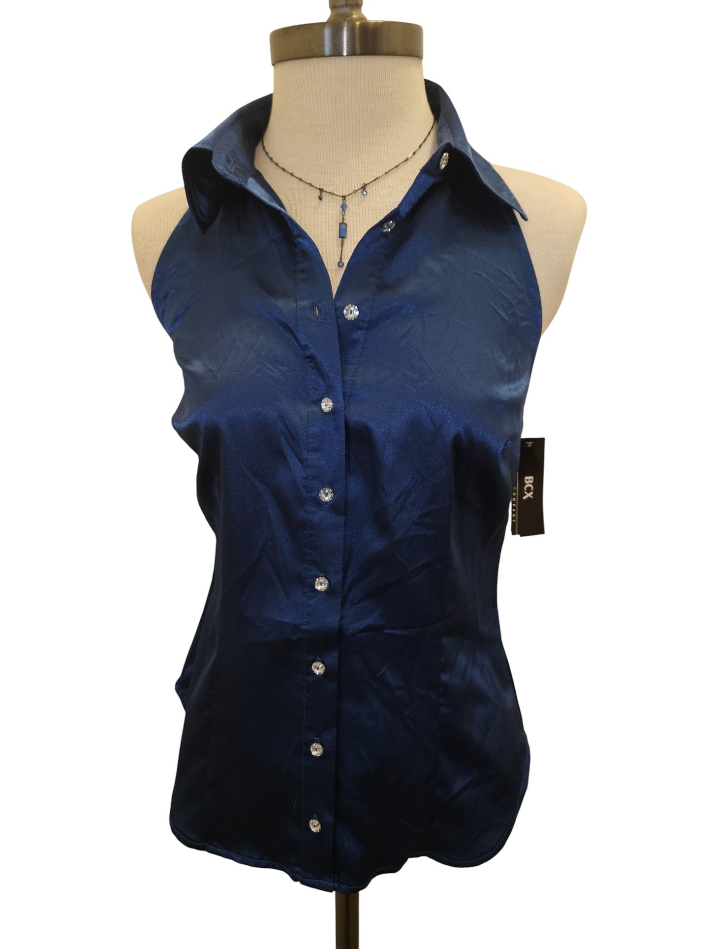 A. Byer Blue Satin Halter Blouse with Crystal Buttons – Women’s Size M (Fits Small)