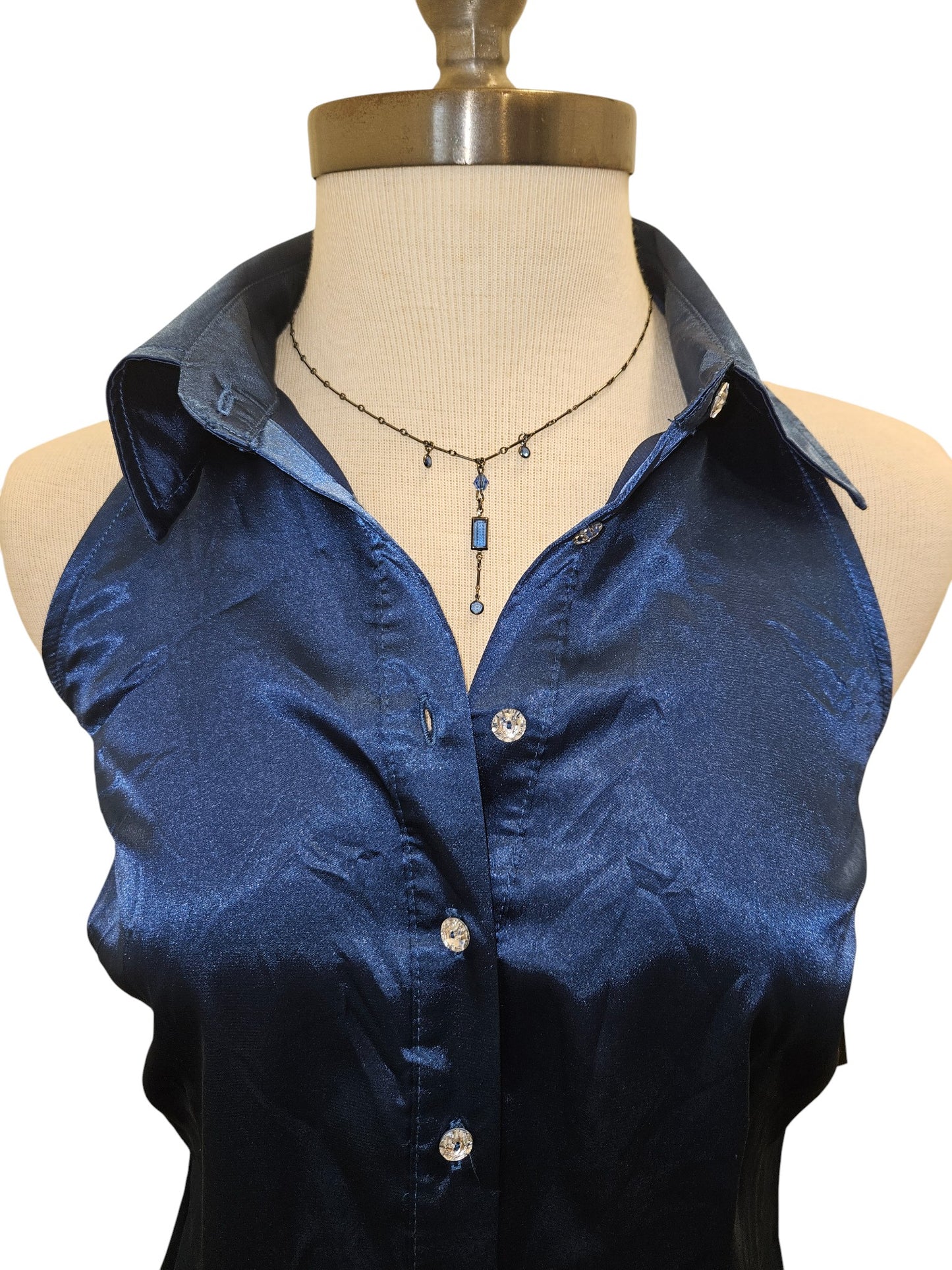 A. Byer Blue Satin Halter Blouse with Crystal Buttons – Women’s Size M (Fits Small)