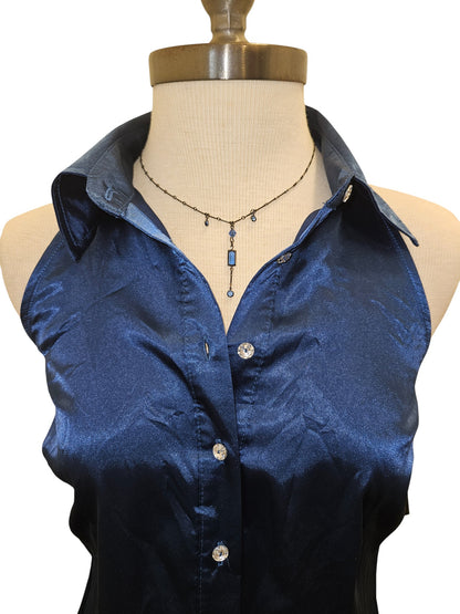 A. Byer Blue Satin Halter Blouse with Crystal Buttons – Women’s Size M (Fits Small)