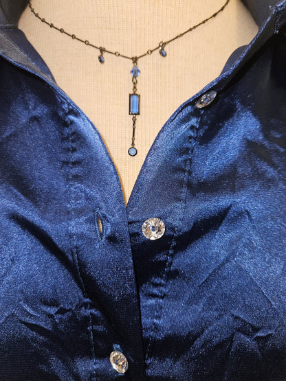 A. Byer Blue Satin Halter Blouse with Crystal Buttons – Women’s Size M (Fits Small)
