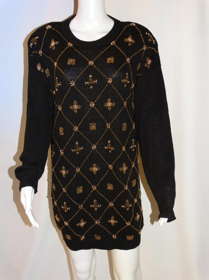 Vintage 80s Black Beaded Sweater Jumper - Size Large