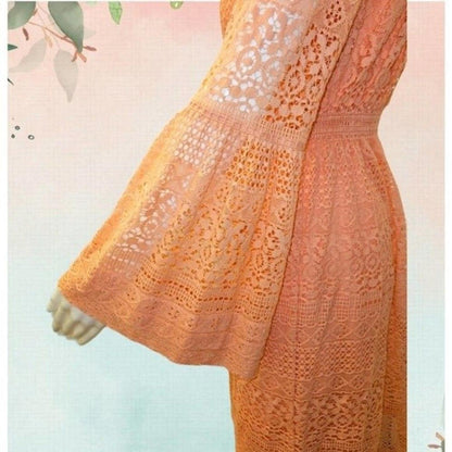 Boston Proper Peachy Pink Lace Fit & Flare Dress with Bell Sleeves – Size 6 – NWOT