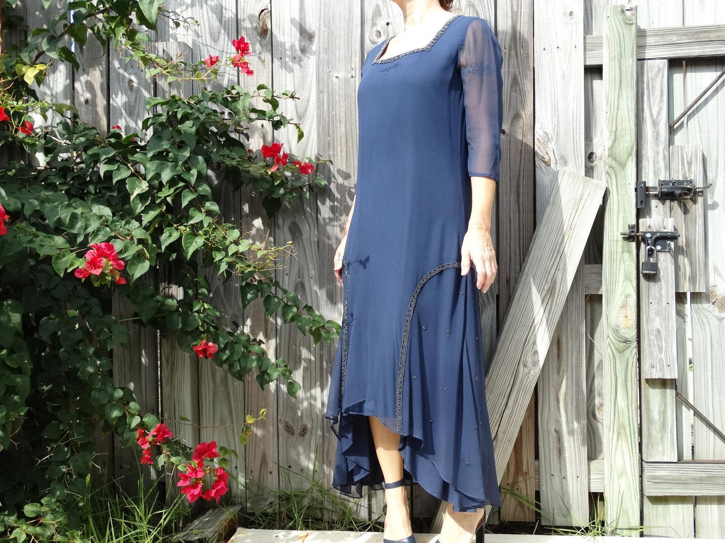 Vintage Wednesday’s Child Blue Grey Silk Beaded Hi-Low Dress– Size M