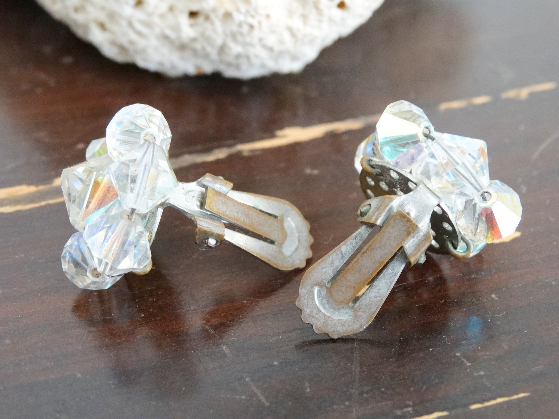 Vintage Aurora Borealis Crystal Clip-On Earrings  Mid-Century Iridescent Cluster image 3