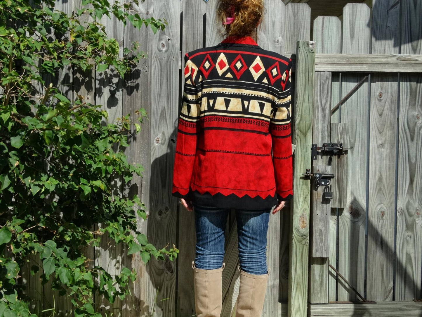 Vintage 80s 90s Nancy Bolen Southwestern Aztec Boyfriend Jacket – Red Black Geometric Blazer