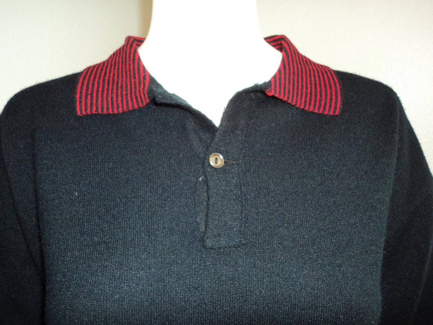 Vintage Glasgow Creation Navy Knit Sweater with Red Stripe Collar | 1960s–70s Collegiate Pullover