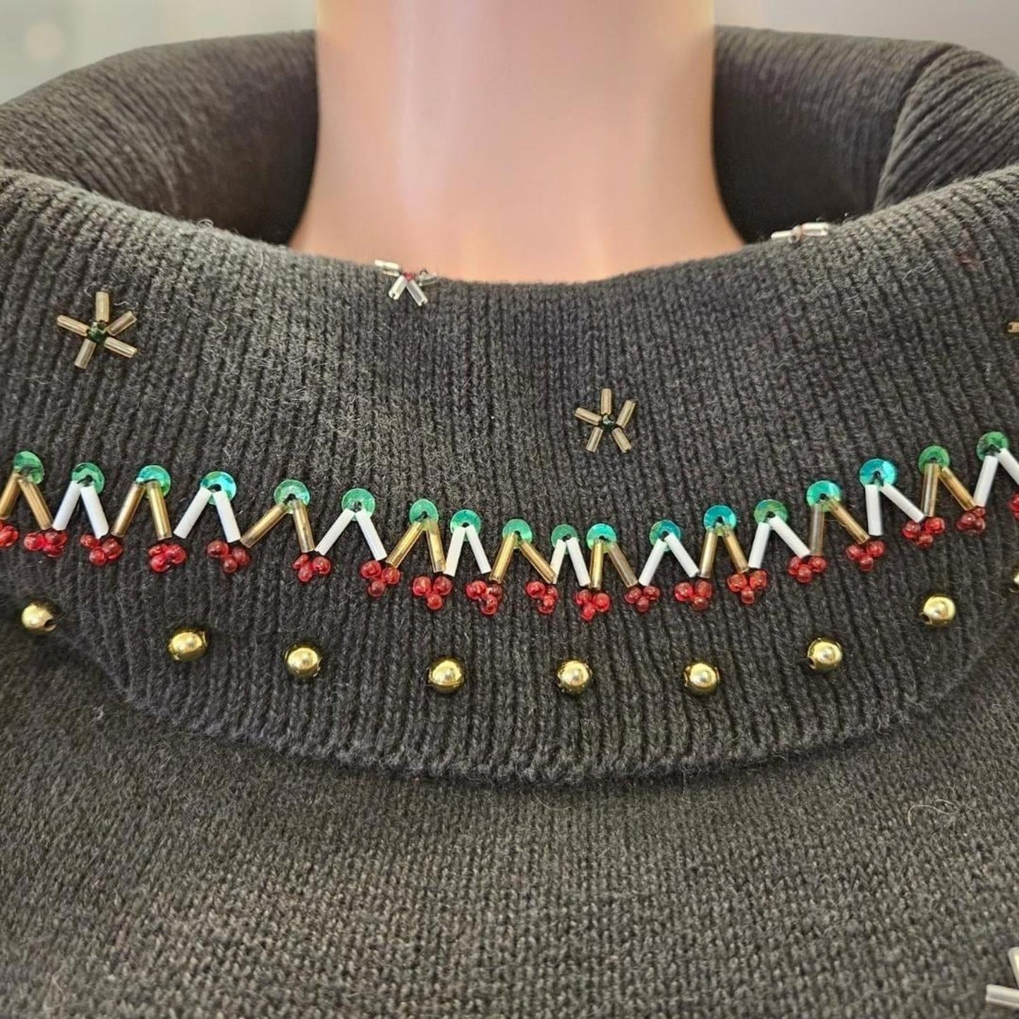 Vintage Christmas Sweater Beads Sequins Snowflakes Candy Canes